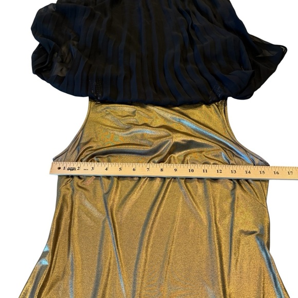 Aidan Mattox Black Sheer Pleated Gold Metallic Knee Length Cocktail Dress 2 - Picture 12 of 16